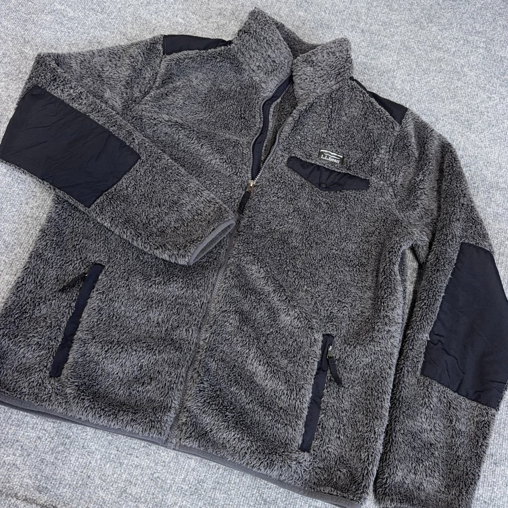 LL Bean Hi-Pile Fleece Jacket Men LT Large Tall Gray Full-Zip Pockets Box Logo